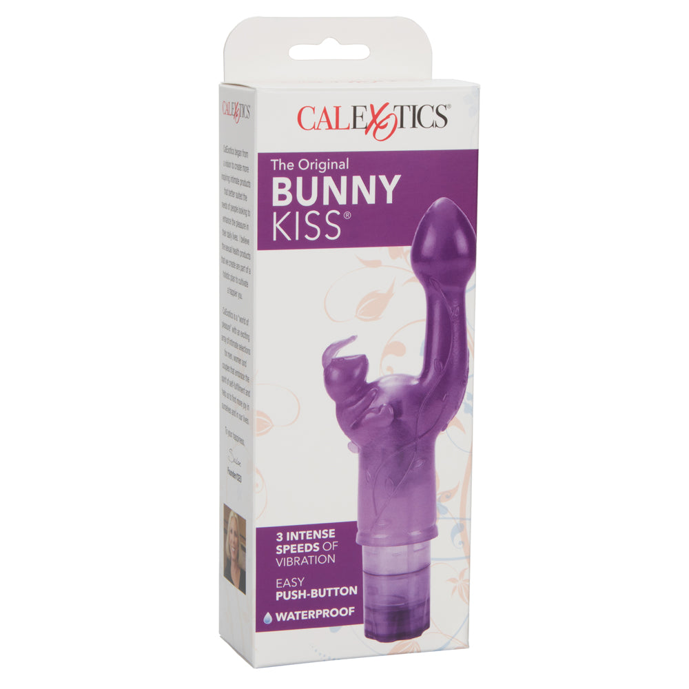 The Original Bunny Kiss Rabbit Vibrator offers dual stimulation with its insertable internal G-spot head & bunny-shaped clitoral stimulator. Purple. Package.