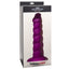 This suction cup dildo has a realistic phallic head & a ridged shaft w/ a spiralling helix pattern texture like a unicorn horn for more stimulation. Purple - package.