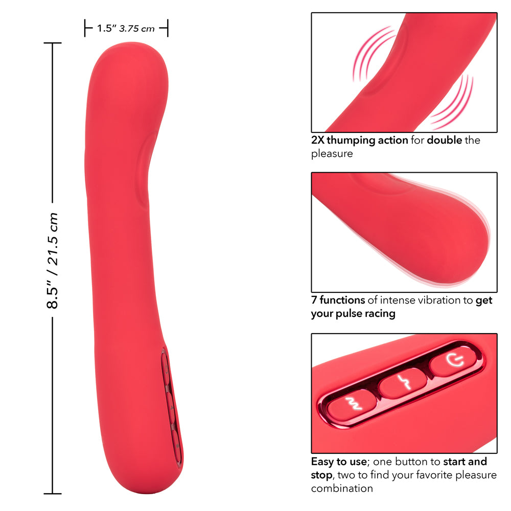 Throb Thumper G-Spot Vibrator - curved G-spot vibrator with pulsating, thumping massager pads. USB-rechargeable, waterproof, and travel-lockable for your convenience. Pink, size and product details