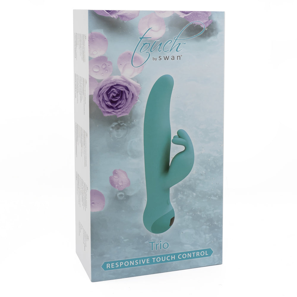 Touch By Swan Trio Responsive Touch Control Rotating Rabbit Vibrator has a vibrating clitoral arm & rotating shaft you can control the speeds of by swiping an innovative touch-responsive panel. Package.