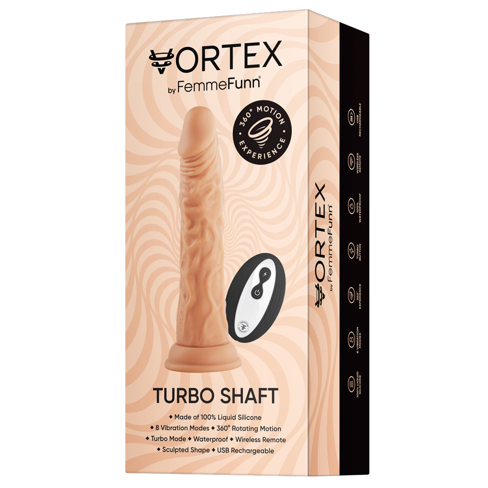 FemmeFunn Vortex Series 2.0 - Wireless Turbo Shaft - liquid silicone dildo has 8 whisper-quiet vibration modes & 360° rotation + a Turbo Mode. Nude, box