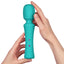 FemmeFunn - Ultra Wand - ergonomic wand has a comfy handle & flexible head that contains 10 vibration modes. rechargeable, textured body. Turquoise Blue, in hand