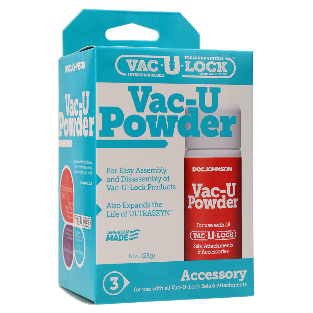 Doc Johnson Vac-U-Lock Powder makes attaching or disassembling Vac-U-Lock plugs, attachments & accessories easier & smoother. Package.