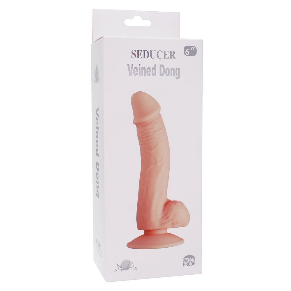 Seducer - 6" Veined Dong - realistically phallic dildo has a suction cup base & a sculpted ridged head + veiny curved shaft for G-spot or P-spot stimulation. Flesh, box