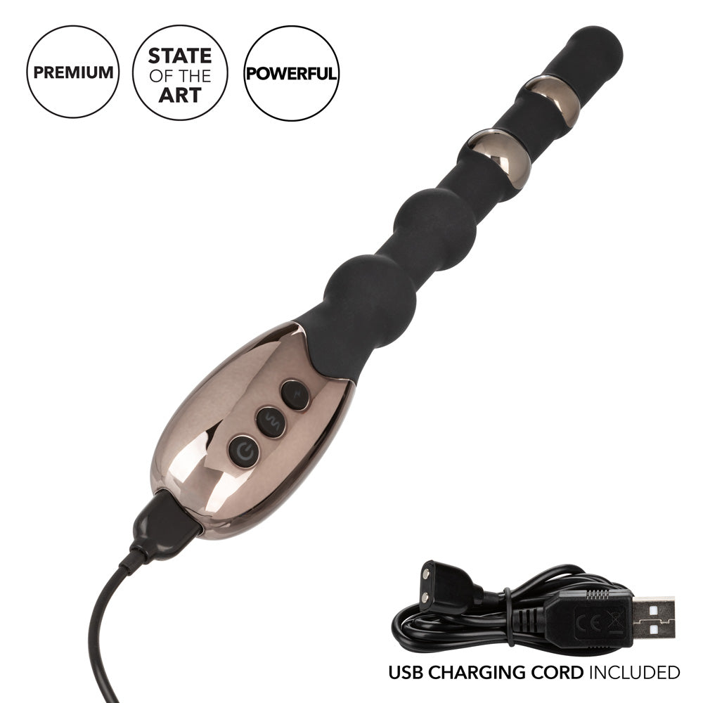These slim, flexible vibrating volt anal beads for easy insertion & has 2 conductive electro-stimulation beads w/ independent shock functions. USB charger