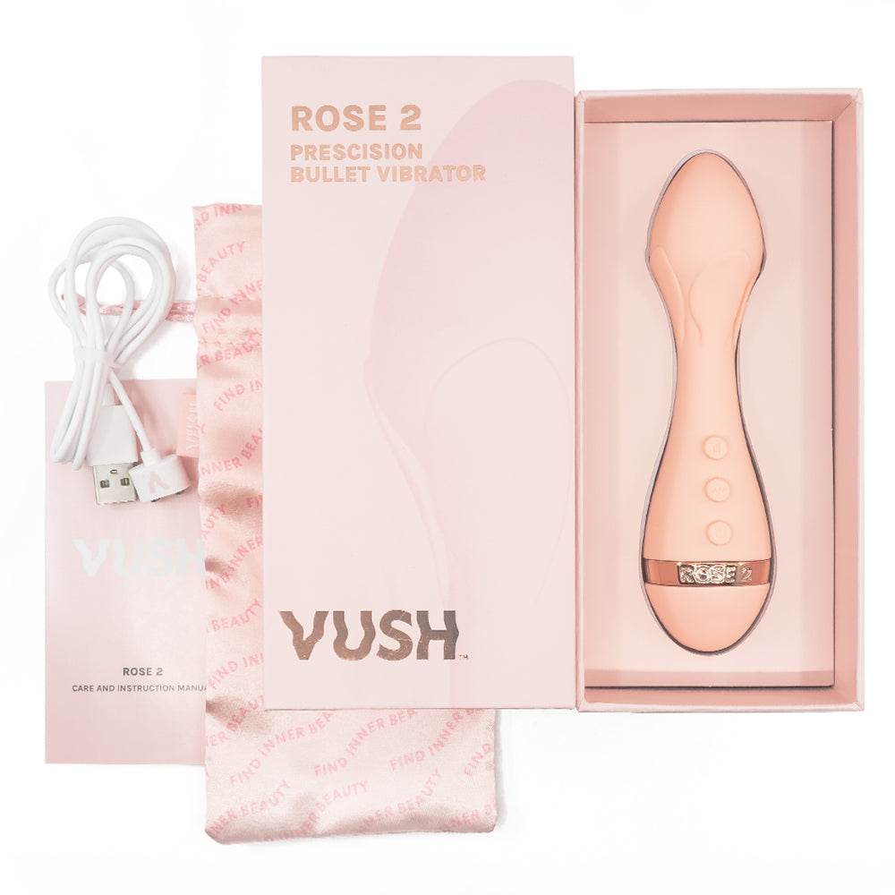 Vush Rose 2 - Precision Bullet Vibrator - flexible bullet vibrator has 5 vibration modes in 5 intensities with a tapered head & petal-like ridges. Accessories.