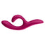 A burgundy-pink rabbit vibrator with a curved G-spot head and clitoral arm lies on its side against a white background.
