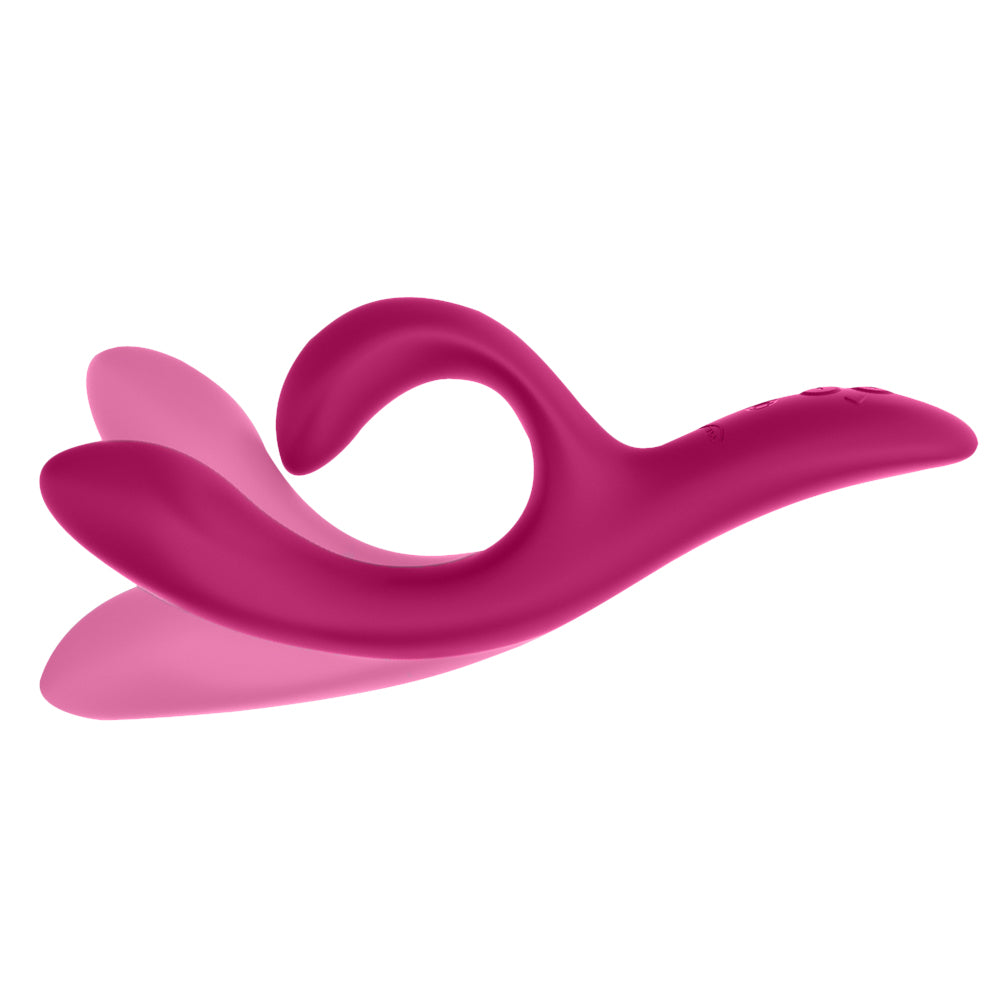 The Nova 2 rabbit vibrator bends its G-spot head at different angles to demonstrate its flexible design.