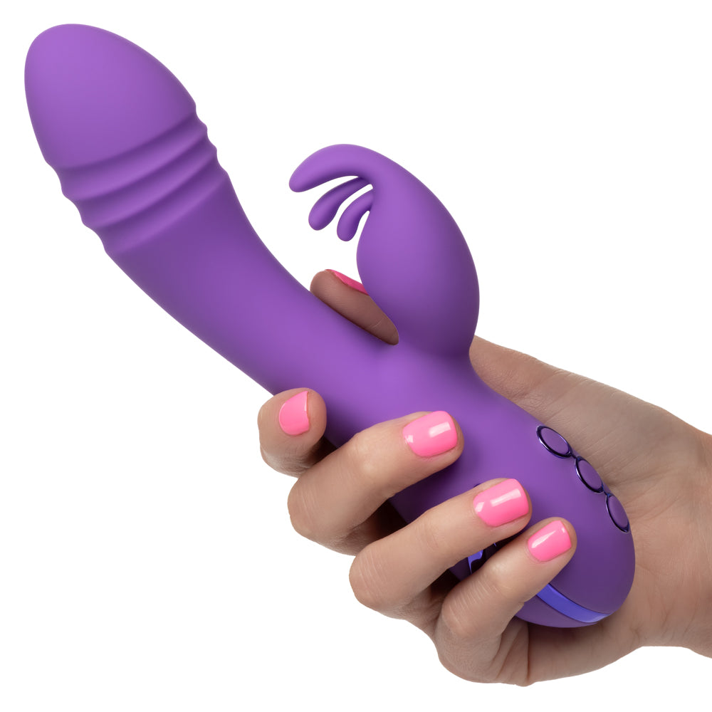 California Dreaming - West Coast Wave Rider - rotating rabbit vibrator has a ribbed shaft & curved, textured G-spot head + a triple-layered flickering clitoral teaser for dual pleasure. Purple 2