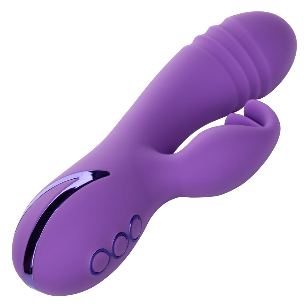 California Dreaming - West Coast Wave Rider - rotating rabbit vibrator has a ribbed shaft & curved, textured G-spot head + a triple-layered flickering clitoral teaser for dual pleasure. Purple 6