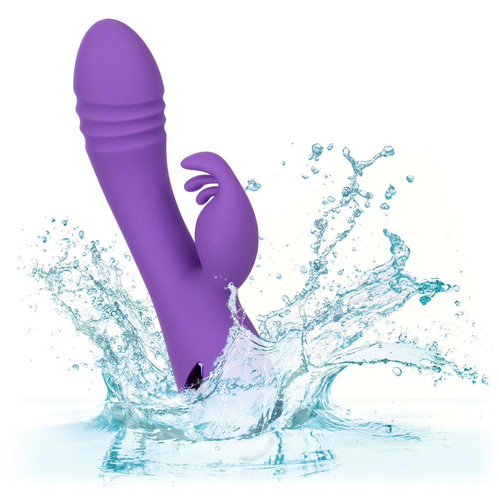 California Dreaming - West Coast Wave Rider - rotating rabbit vibrator has a ribbed shaft & curved, textured G-spot head + a triple-layered flickering clitoral teaser for dual pleasure. Purple 8