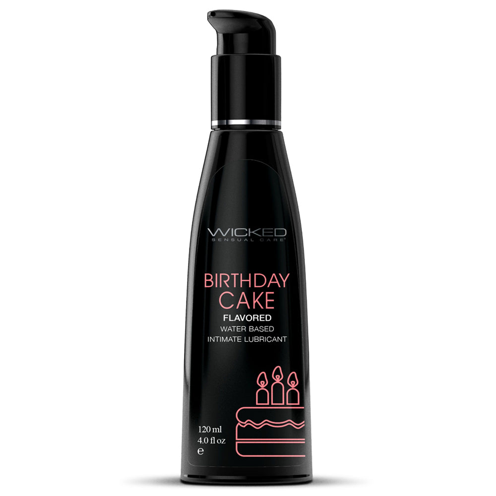 Wicked Aqua Flavoured Water-Based Lubricant - Birthday Cake turns any bedroom occasion into a celebration with its sweet, vegan-friendly birthday cake flavour. 120ml