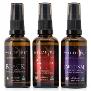 Wildfire All My Love Pleasure Oil Gift Pack includes the Original, Enhance Her & Black Wildfire 4-In-1 Massage Oils to soothe & revitalise you during an intimate massage.