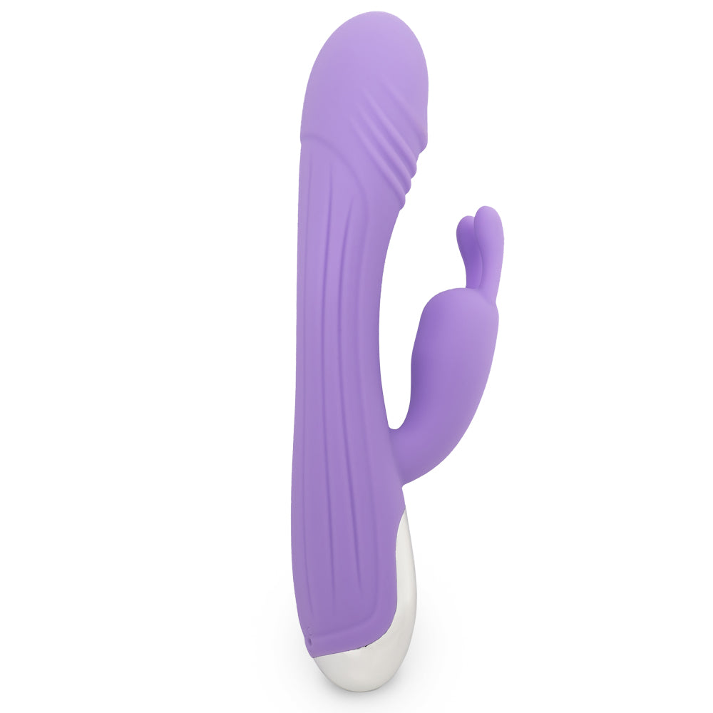 This rabbit vibrator has a ridged texture for more stimulation + independently controlled dual motors for your perfect combo of internal & external pleasure. Purple. (2)