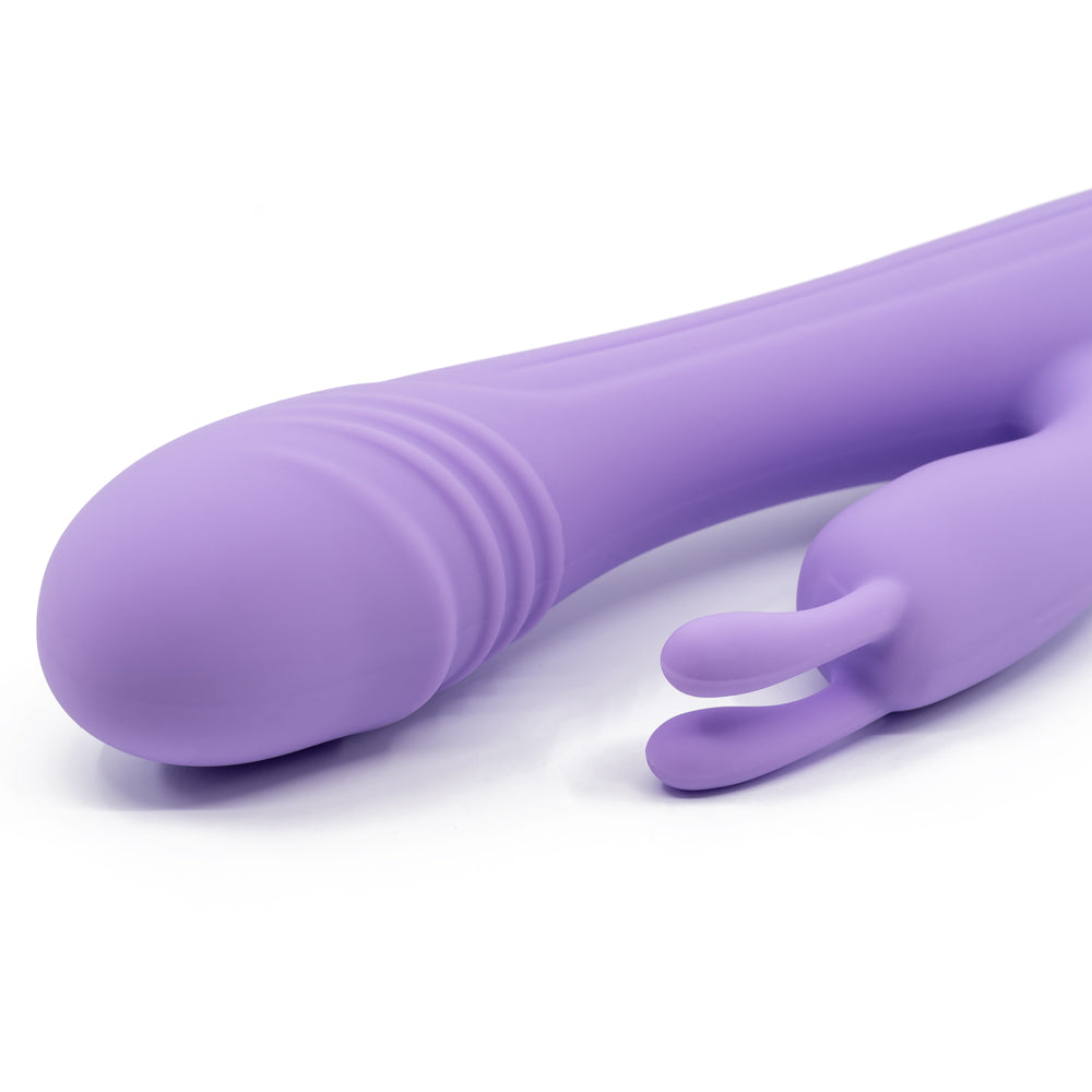 This rabbit vibrator has a ridged texture for more stimulation + independently controlled dual motors for your perfect combo of internal & external pleasure. Purple. (3)