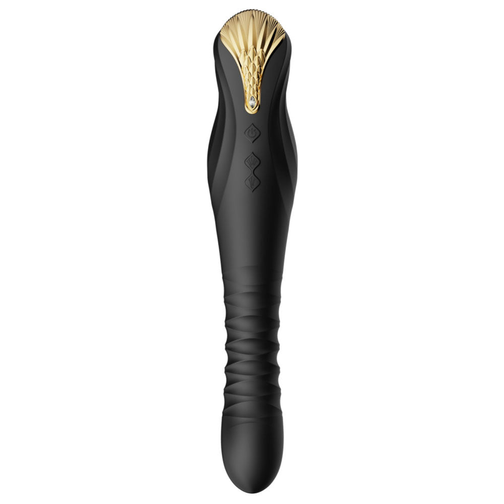 Zalo - King Vibrating Thruster - embellished with gold & Swarovski crystal to add luxe to your sex toy collection! Has 4 vibration & 8 thrusting modes. Obsidian Black