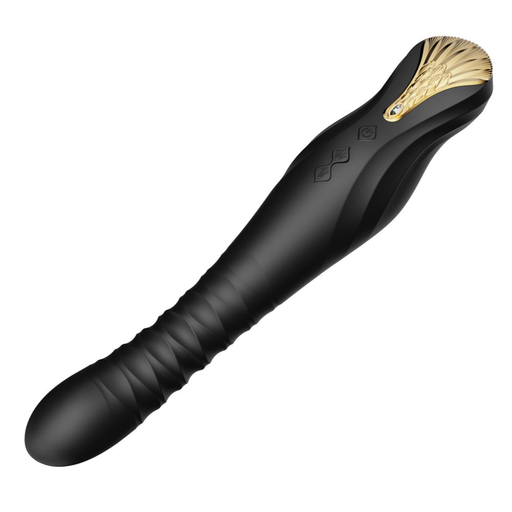 Zalo - King Vibrating Thruster - embellished with gold & Swarovski crystal to add luxe to your sex toy collection! Has 4 vibration & 8 thrusting modes. Obsidian Black (2)