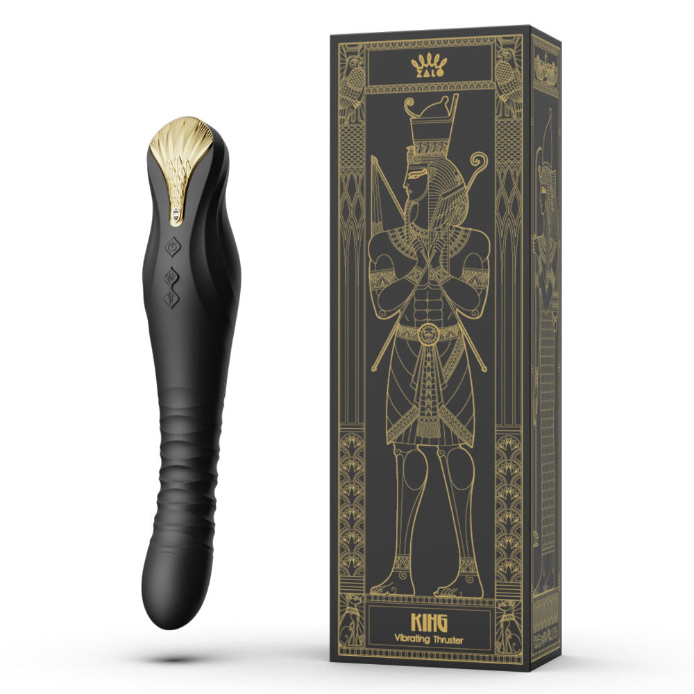 Zalo - King Vibrating Thruster - embellished with gold & Swarovski crystal to add luxe to your sex toy collection! Has 4 vibration & 8 thrusting modes. Obsidian Black, box