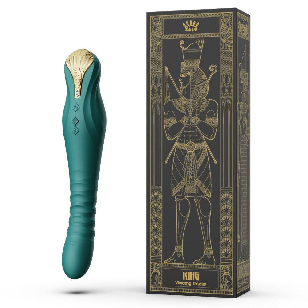 Zalo - King Vibrating Thruster - embellished with gold & Swarovski crystal to add luxe to your sex toy collection! Has 4 vibration & 8 thrusting modes. Turquoise Green, box