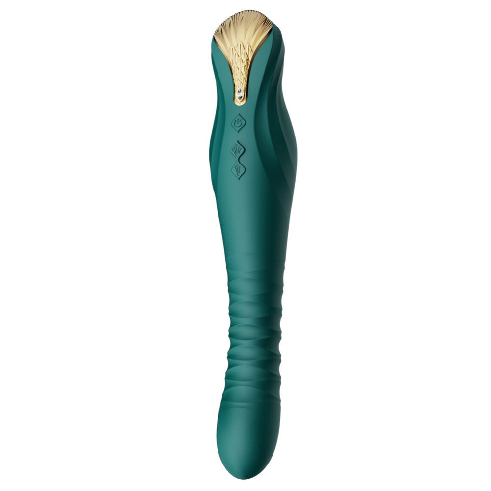 Zalo - King Vibrating Thruster - embellished with gold & Swarovski crystal to add luxe to your sex toy collection! Has 4 vibration & 8 thrusting modes. Turquoise Green (2)