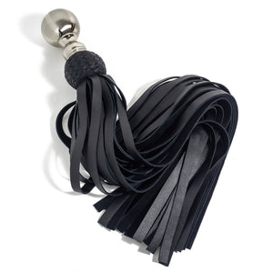 This BDSM flogger is made w/ real calf leather + suede for a soft finish & has a round doorknob-like handle w/ polished + brushed metal textures for great grip. (2)