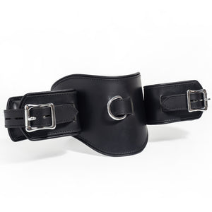 Zorba Lockable Padded Leather Posture Collar With Attached Wrist Cuffs has a wide, wavy design that follows the neck, chin & shoulder contours to restrict head movement & attached lockable wrist cuffs.